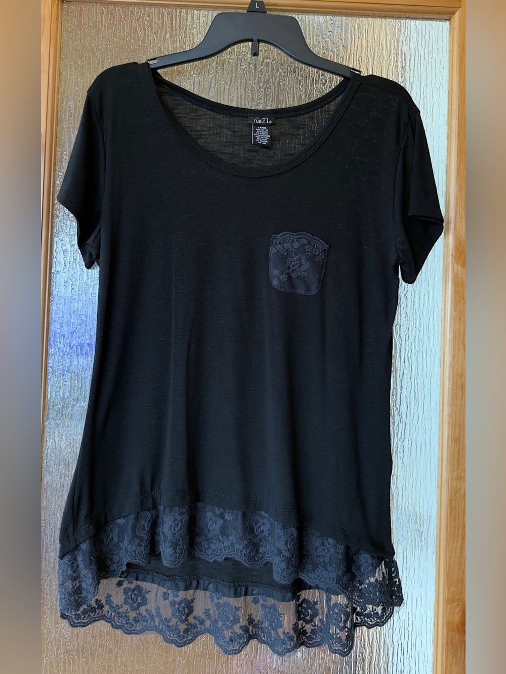 Rue21 Black Short Sleeve Tee with Lace Hem and Pocket